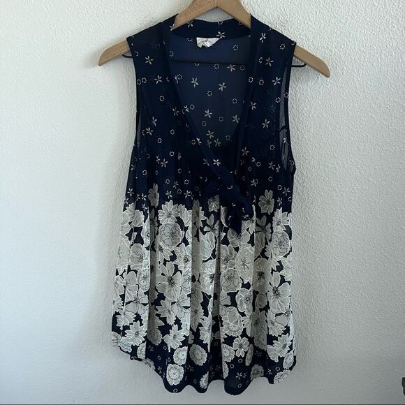 Ember Tops - Ember Raised Painted Floral Navy Semi Sheer Secretary Tie Bow Top Blouse Shirt M